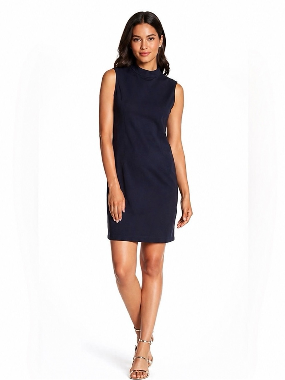 Sharagano Navy Blue Mock Neck Shift Sheath Dress Size 4 Career Office Classic